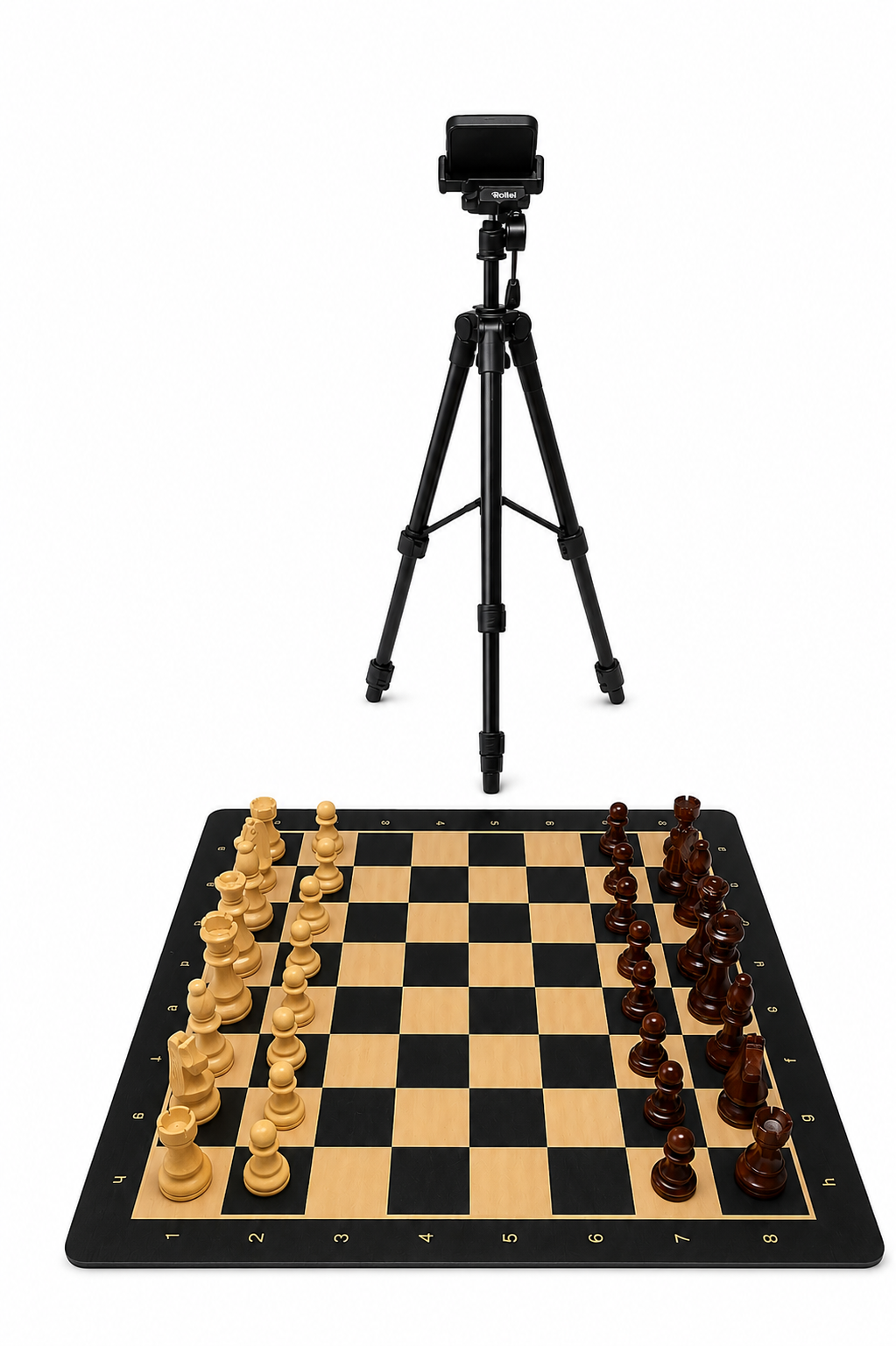 Phone mounted on a stand above the board